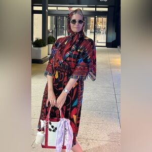 Vintage multi color silk dress with matching head scarf